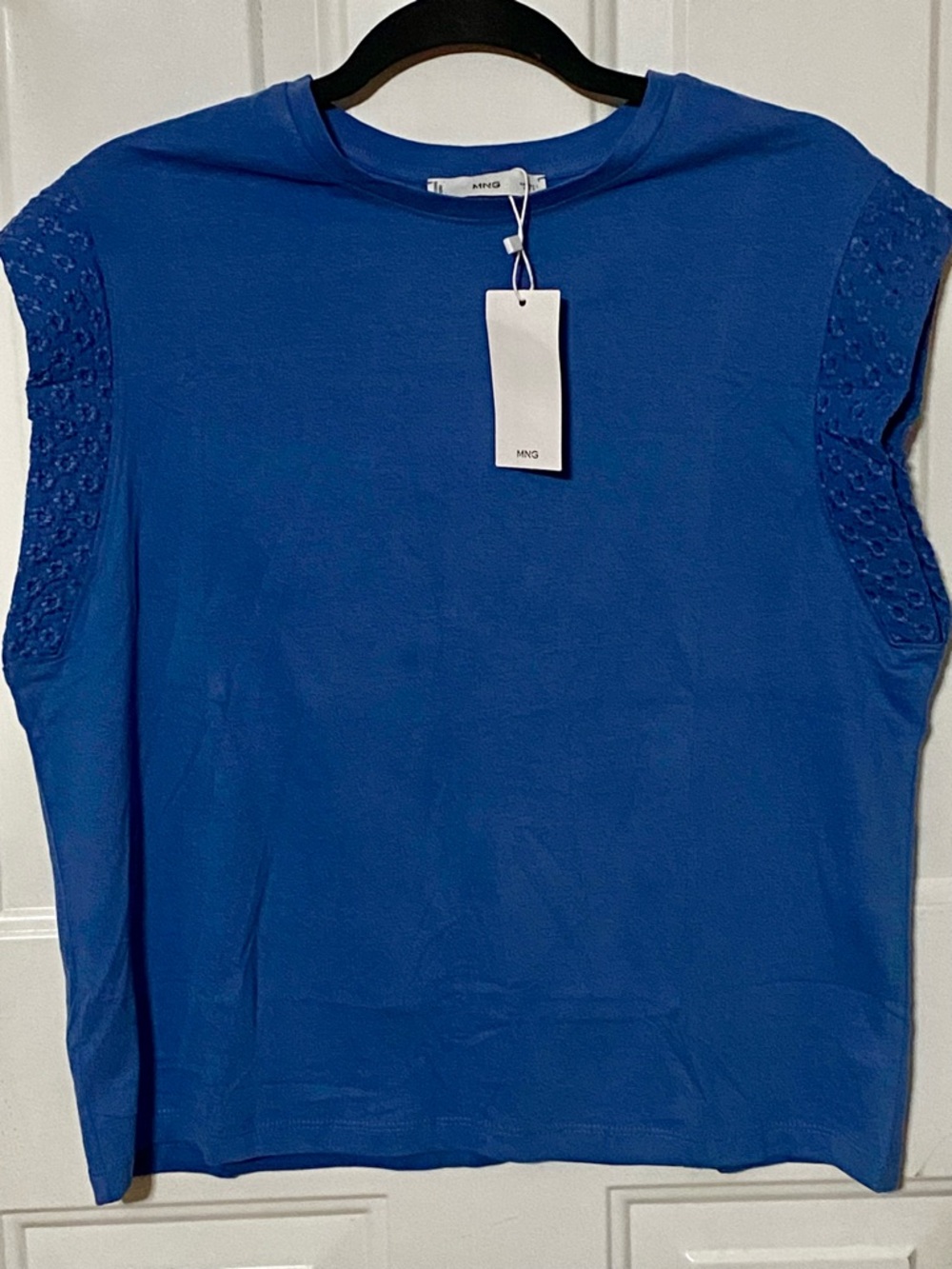 Mango Blue Sleeveless Top With Embroidery Detail At Arms